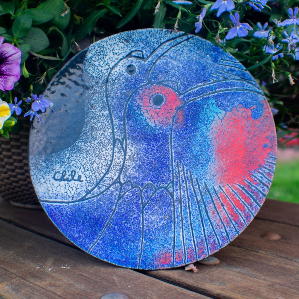 Enamel on Copper Plate Chile Birds Mid Century Metal Dish Vintage Wall Decor